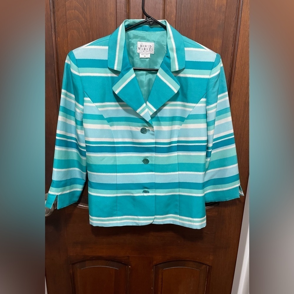 David Warrenwomen’s size 20 Turquoise awhite stripes 3/4 sleeve pure silk jacket